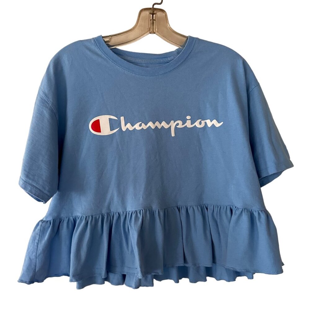 Champion Custom Ruffled Cropped Tee Shirt L Blue Upcycled Rebuilt Sporty Girly